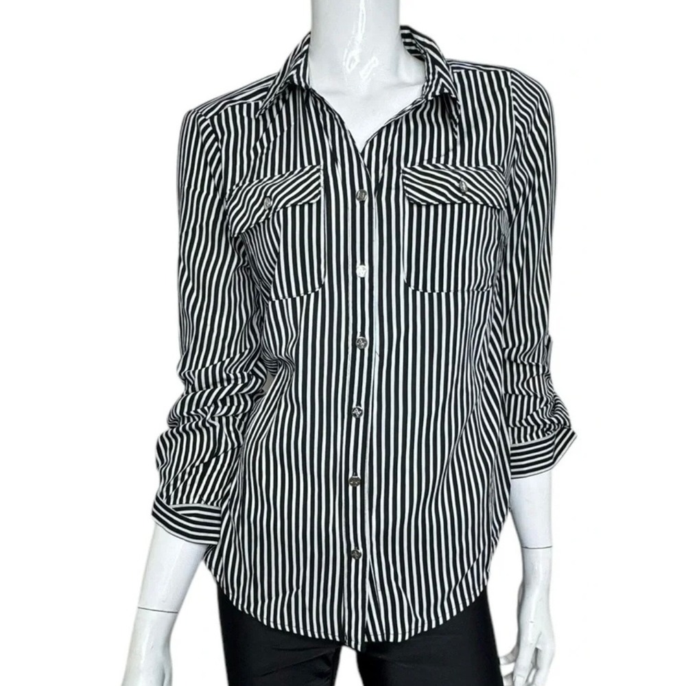 Adrienne Vittadini Black White Striped Button Down Shirt Woman's Small